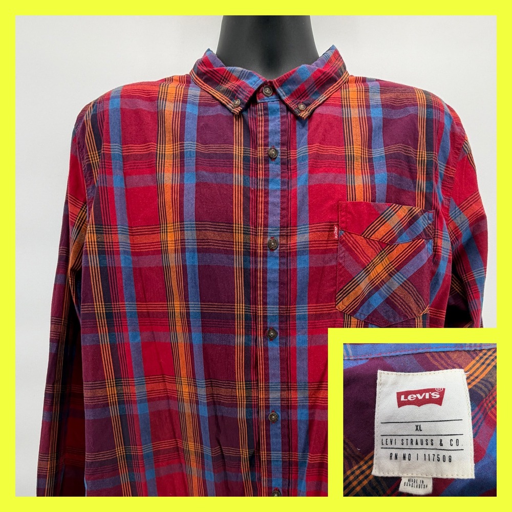 Levi's Mens XL Plaid Button Down Shirt Red‎ Blue Long Sleeve Pocket Cotton Blend